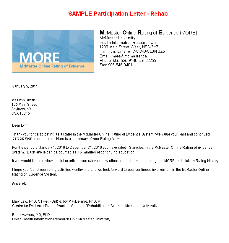 Sample Participation Letter